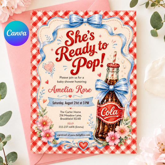 Retro Soda Baby Shower Invitation | Blue, She's Ready to Pop (Editable Canva Template) __etsy:8039664927