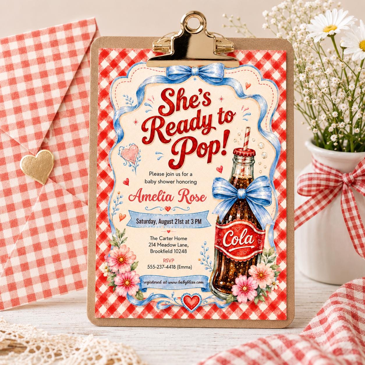 Retro Soda Baby Shower Invitation | Blue, She's Ready to Pop (Editable Canva Template) __etsy:7991726884
