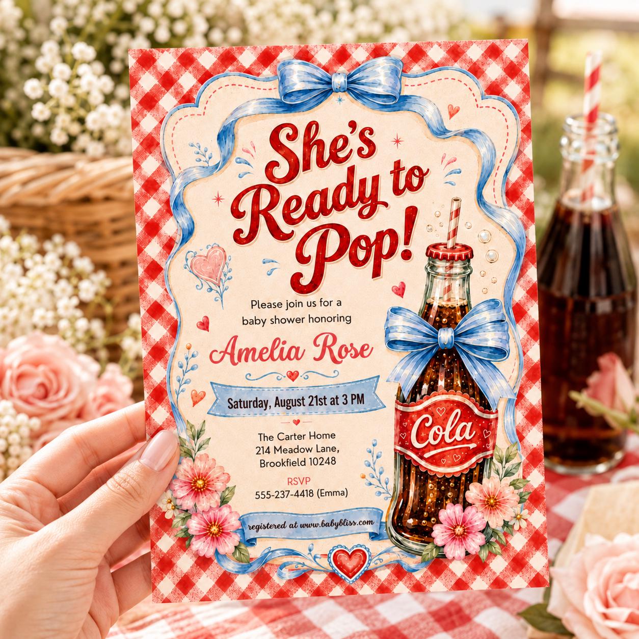 Retro Soda Baby Shower Invitation | Blue, She's Ready to Pop (Editable Canva Template) __etsy:7991727006