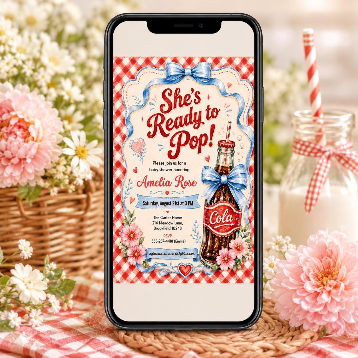 Retro Soda Baby Shower Invitation | Blue, She's Ready to Pop (Editable Canva Template) __etsy:8039665313
