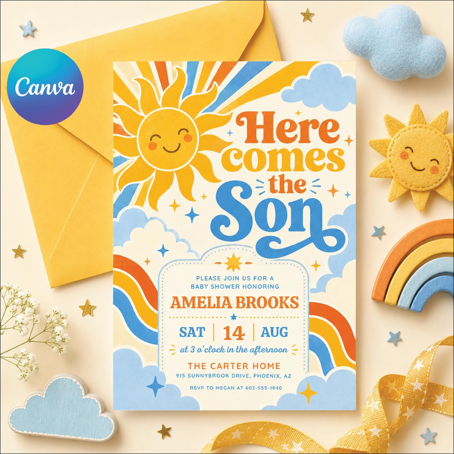 Retro Sun Baby Shower Invitation , Here Comes the Son Invite, Groovy Retro Baby Boy Sun Sunshine Baby Shower Invite, Boy Boho Sonshine Canva __etsy:8019142236