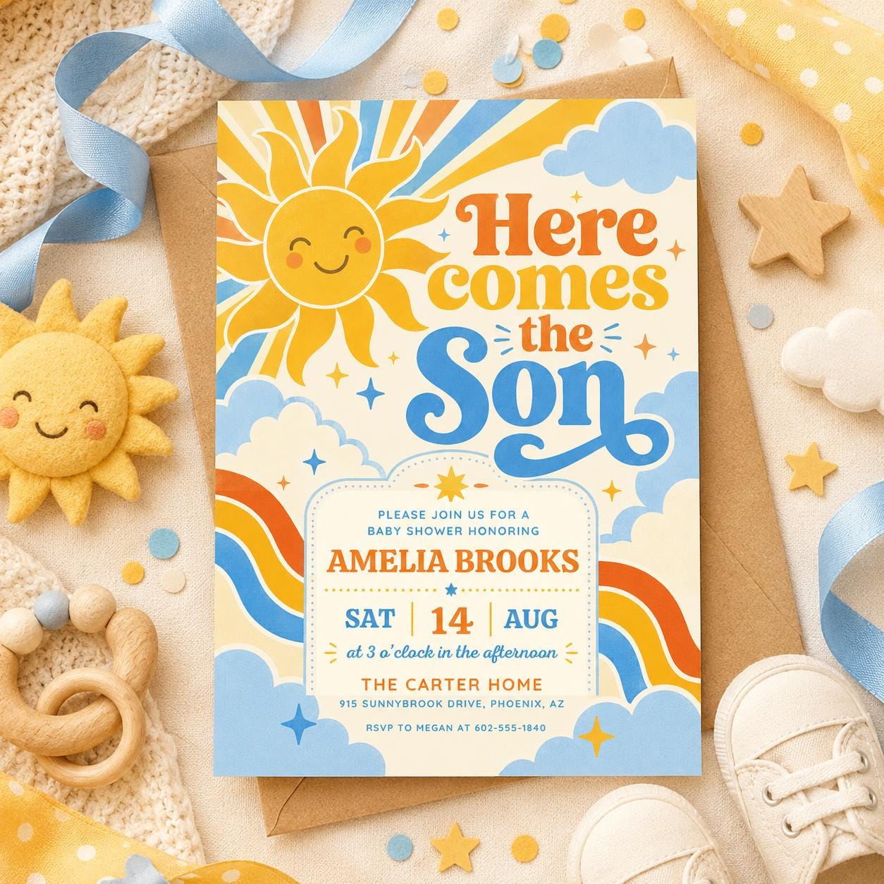 Retro Sun Baby Shower Invitation , Here Comes the Son Invite, Groovy Retro Baby Boy Sun Sunshine Baby Shower Invite, Boy Boho Sonshine Canva __etsy:8019140782
