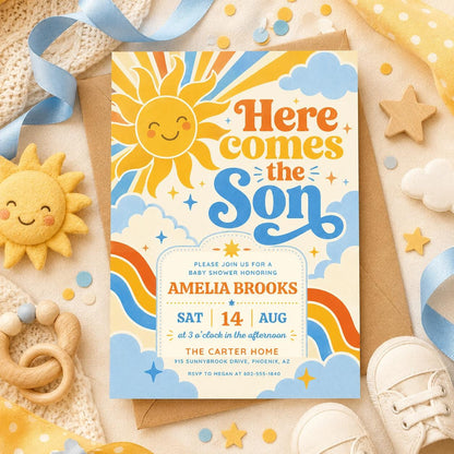 Retro Sun Baby Shower Invitation , Here Comes the Son Invite, Groovy Retro Baby Boy Sun Sunshine Baby Shower Invite, Boy Boho Sonshine Canva __etsy:8019140782