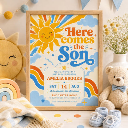 Retro Sun Baby Shower Invitation , Here Comes the Son Invite, Groovy Retro Baby Boy Sun Sunshine Baby Shower Invite, Boy Boho Sonshine Canva __etsy:8019140724