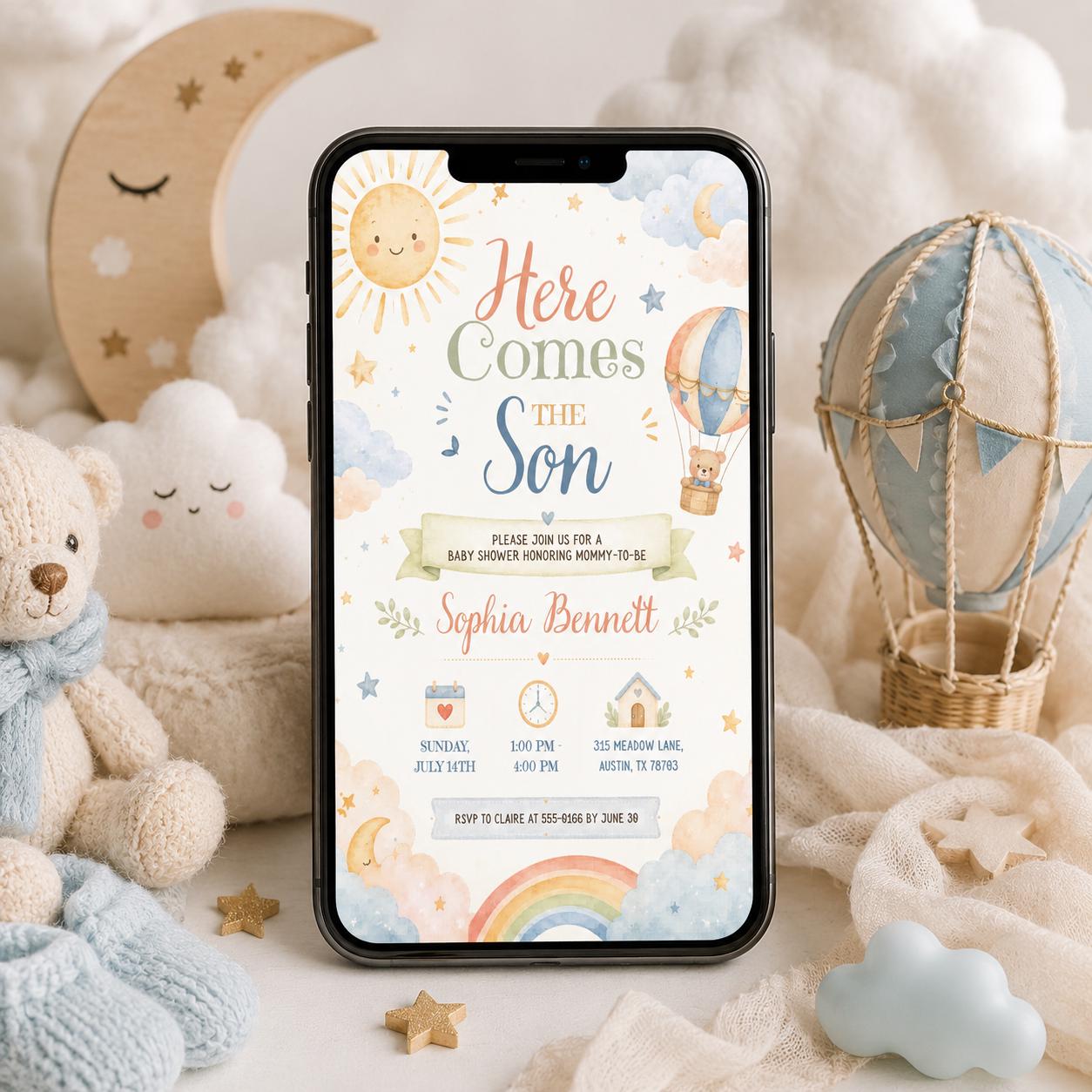 Retro Sun Baby Shower Invitation , Here Comes the Son Invite, Groovy Retro Baby Boy Sun Sunshine Baby Shower Invite, Boy Boho Sonshine Canva __etsy:8057264992