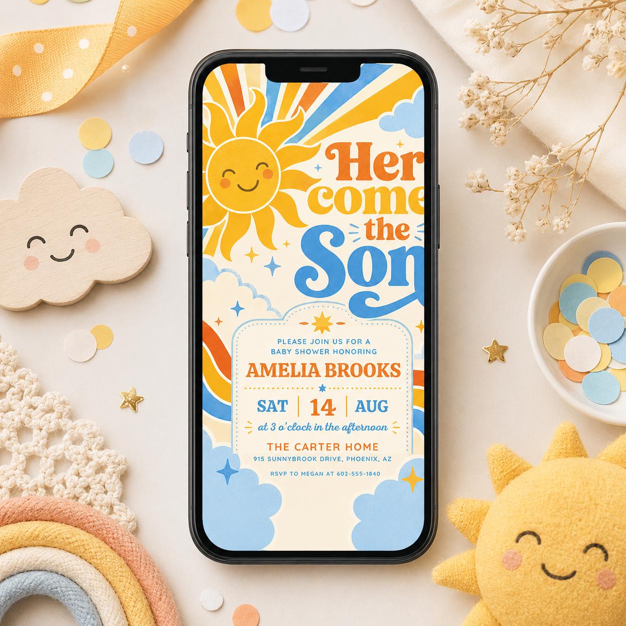 Retro Sun Baby Shower Invitation , Here Comes the Son Invite, Groovy Retro Baby Boy Sun Sunshine Baby Shower Invite, Boy Boho Sonshine Canva __etsy:8019141040