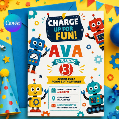 Robot Birthday Invitation, Robot Party Invite, Boy Birthday Robot Invite, 4th Birthday Party Invitation, Robot Party Ideas, Editable Canva __etsy:8038280726