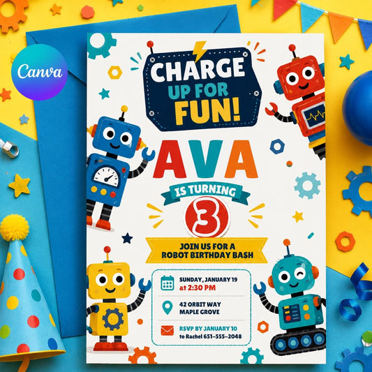 Robot Birthday Invitation, Robot Party Invite, Boy Birthday Robot Invite, 4th Birthday Party Invitation, Robot Party Ideas, Editable Canva __etsy:8038280726