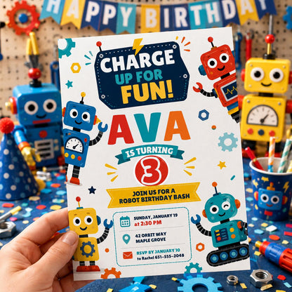 Robot Birthday Invitation, Robot Party Invite, Boy Birthday Robot Invite, 4th Birthday Party Invitation, Robot Party Ideas, Editable Canva __etsy:8086194755