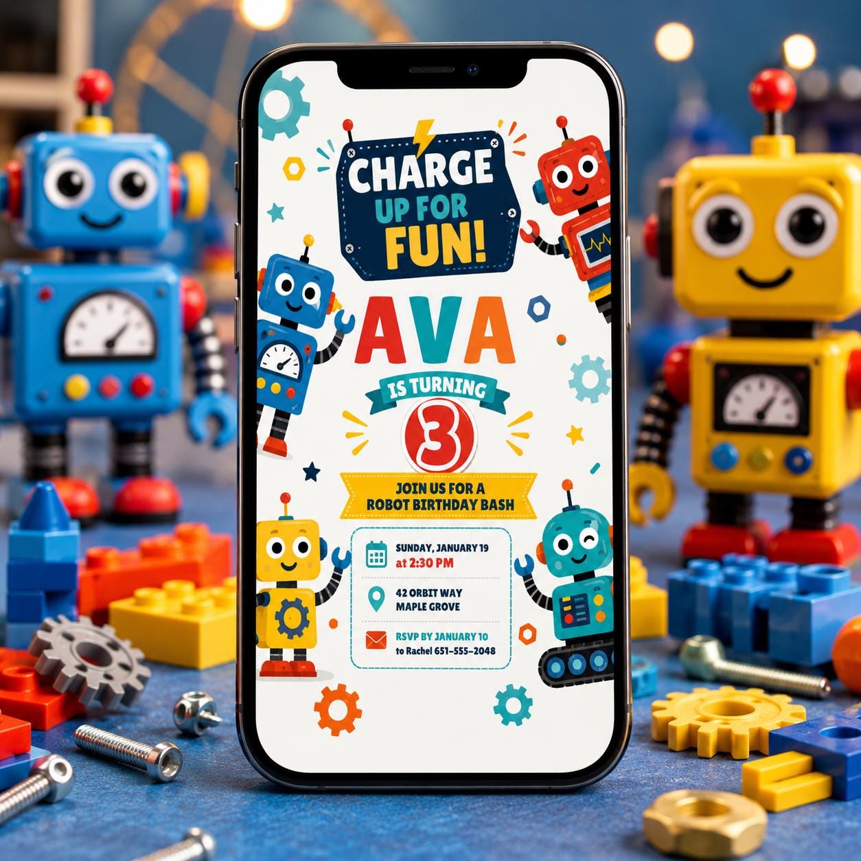 Robot Birthday Invitation, Robot Party Invite, Boy Birthday Robot Invite, 4th Birthday Party Invitation, Robot Party Ideas, Editable Canva __etsy:8086194761