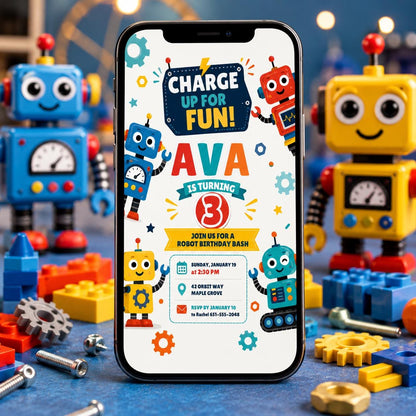 Robot Birthday Invitation, Robot Party Invite, Boy Birthday Robot Invite, 4th Birthday Party Invitation, Robot Party Ideas, Editable Canva __etsy:8086194761