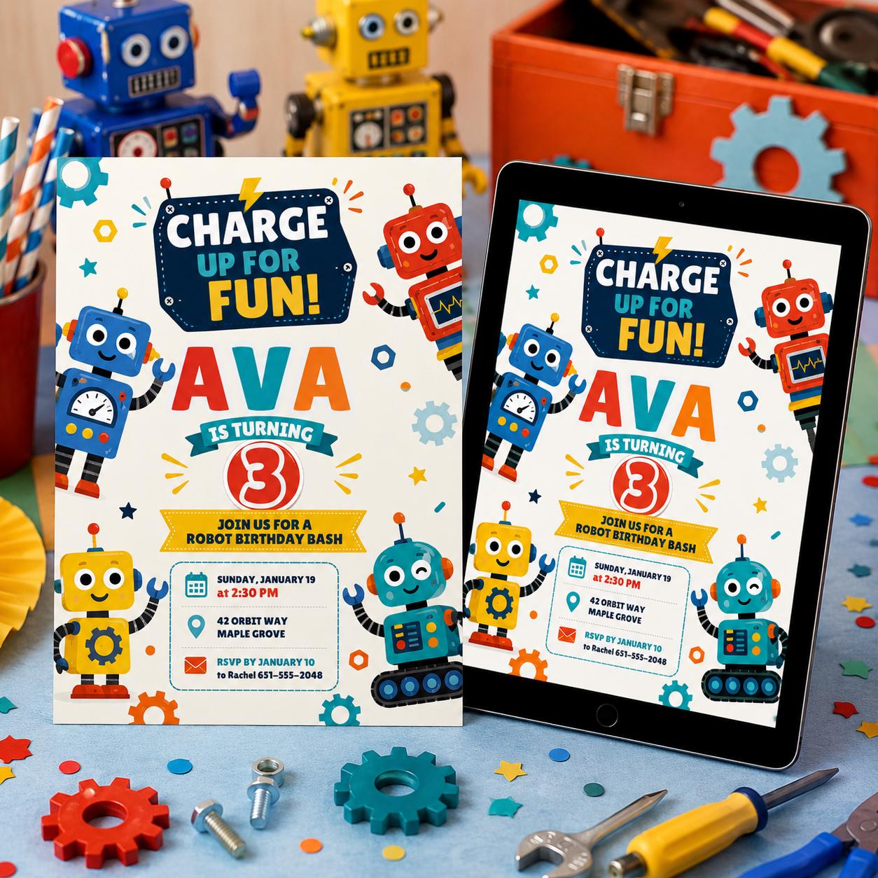 Robot Birthday Invitation, Robot Party Invite, Boy Birthday Robot Invite, 4th Birthday Party Invitation, Robot Party Ideas, Editable Canva __etsy:8038280758
