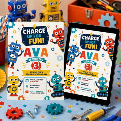 Robot Birthday Invitation, Robot Party Invite, Boy Birthday Robot Invite, 4th Birthday Party Invitation, Robot Party Ideas, Editable Canva __etsy:8038280758