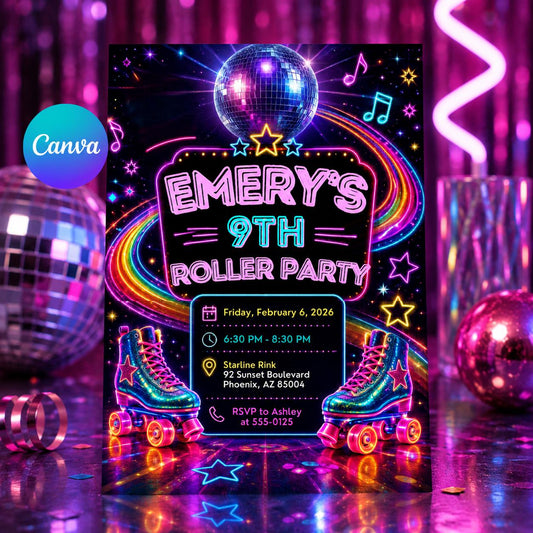 Roller Skating Birthday Invitation Editable Template, Retro Neon Disco Skate Party, Roller Disco Party, Girls Skate Party, Disco Glow Invite __etsy:8176243693