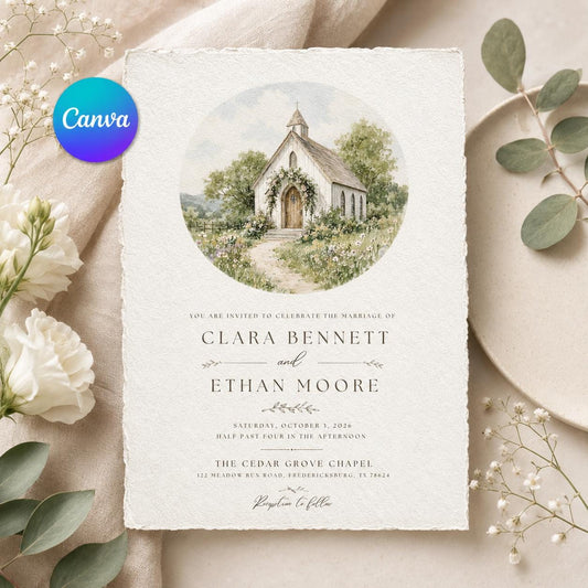 Rustic Chapel Wedding Invitation Editable Template, Watercolor Church Country Wedding Suite, Reception Card Included, Floral Wedding Invite __etsy:8128236968