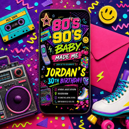 80S Baby 90s Made Me Birthday Party, back to the 90s Neon party glow dance disco 2000s birthday 90s, 30th Birthday Invitation Template __etsy:7997216332