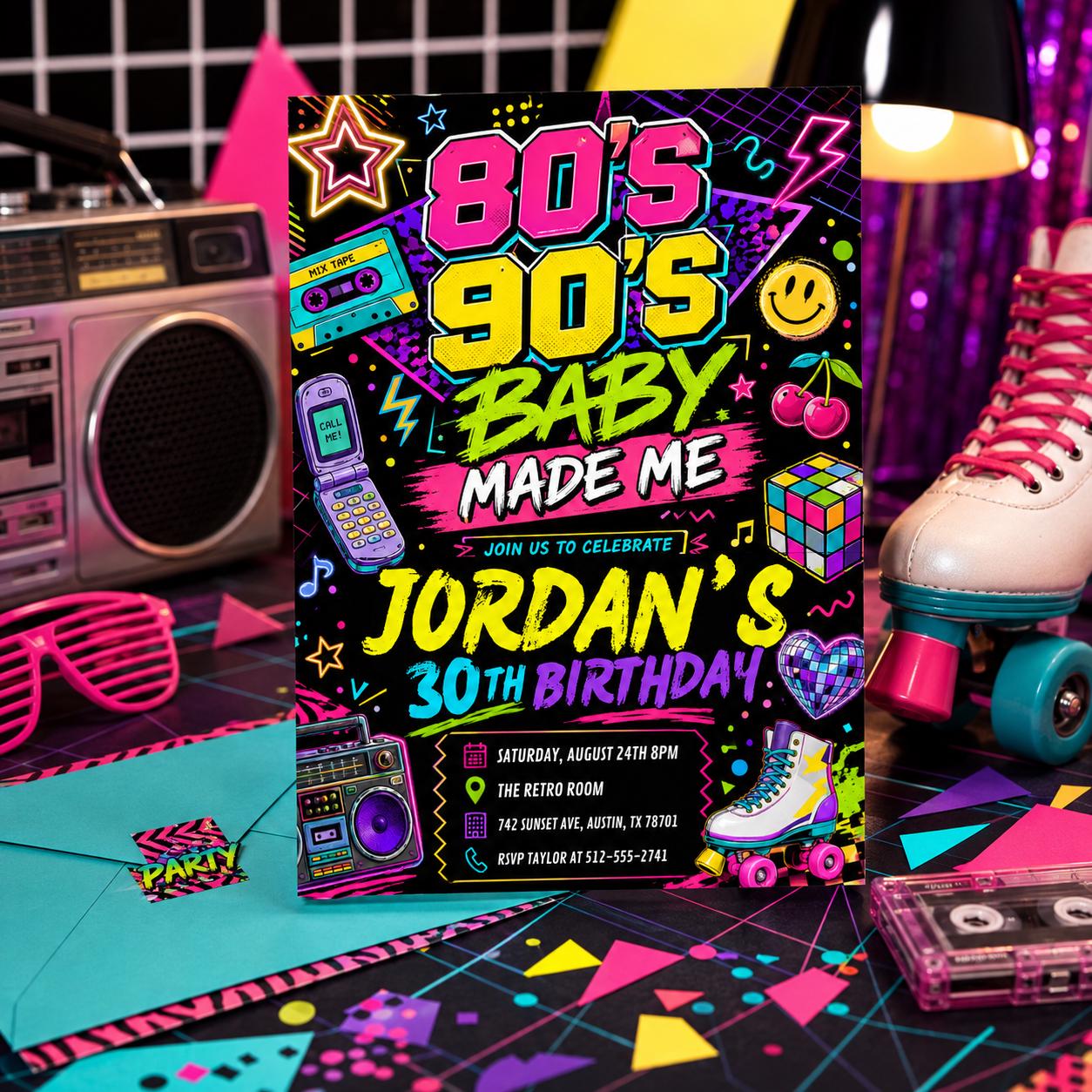 80S Baby 90s Made Me Birthday Party, back to the 90s Neon party glow dance disco 2000s birthday 90s, 30th Birthday Invitation Template __etsy:7997216358