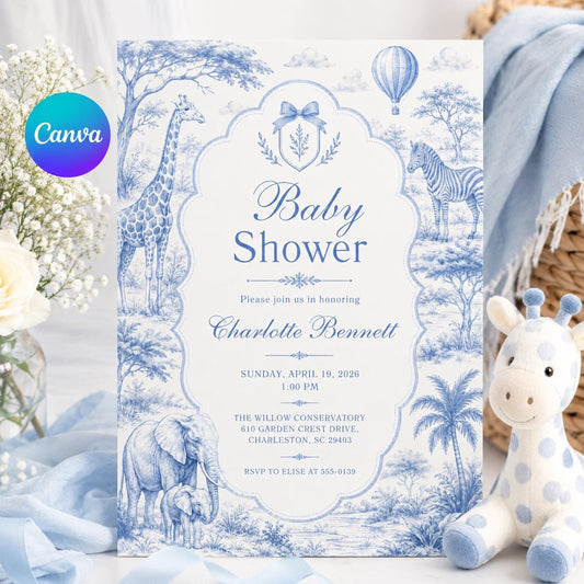 Safari Baby Shower Invitation Editable Template, Blue Toile Animal Print Invite Elegant Vintage Chinoiserie Theme, Blue Toile Safari Animals __etsy:8176449467