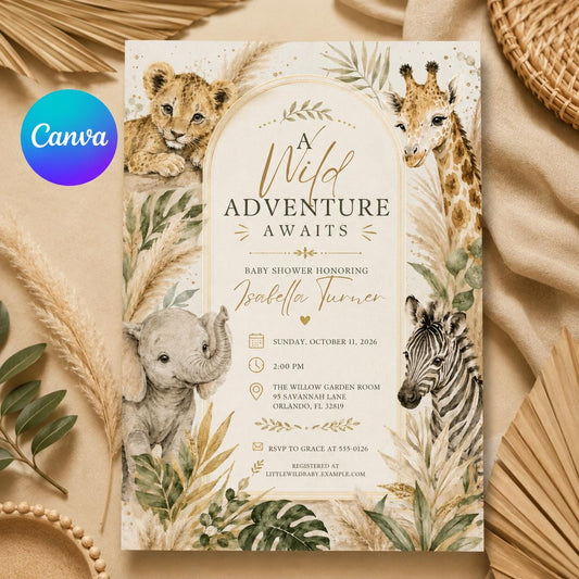 Safari Baby Shower Invitation Editable Template, Jungle Animal Wild Adventure Theme, Printable Digital Canva Download, Wild One Party Invite __etsy:8176244379