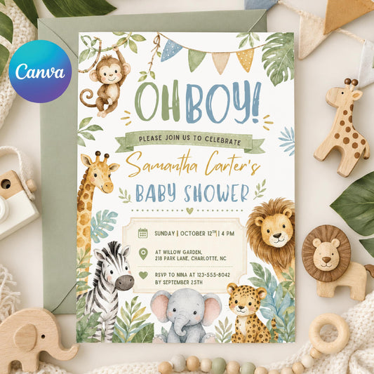 Safari Baby Shower Invitation, Oh Boy Safari Baby Shower Invitation, Jungle Animals Boy Baby Shower Invite, Neutral Greenery Canva Template __etsy:8066506819