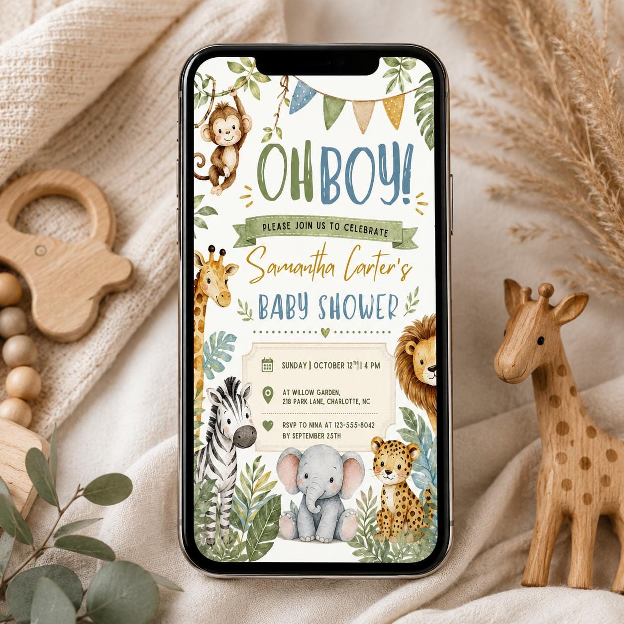 Safari Baby Shower Invitation, Oh Boy Safari Baby Shower Invitation, Jungle Animals Boy Baby Shower Invite, Neutral Greenery Canva Template __etsy:8066503839
