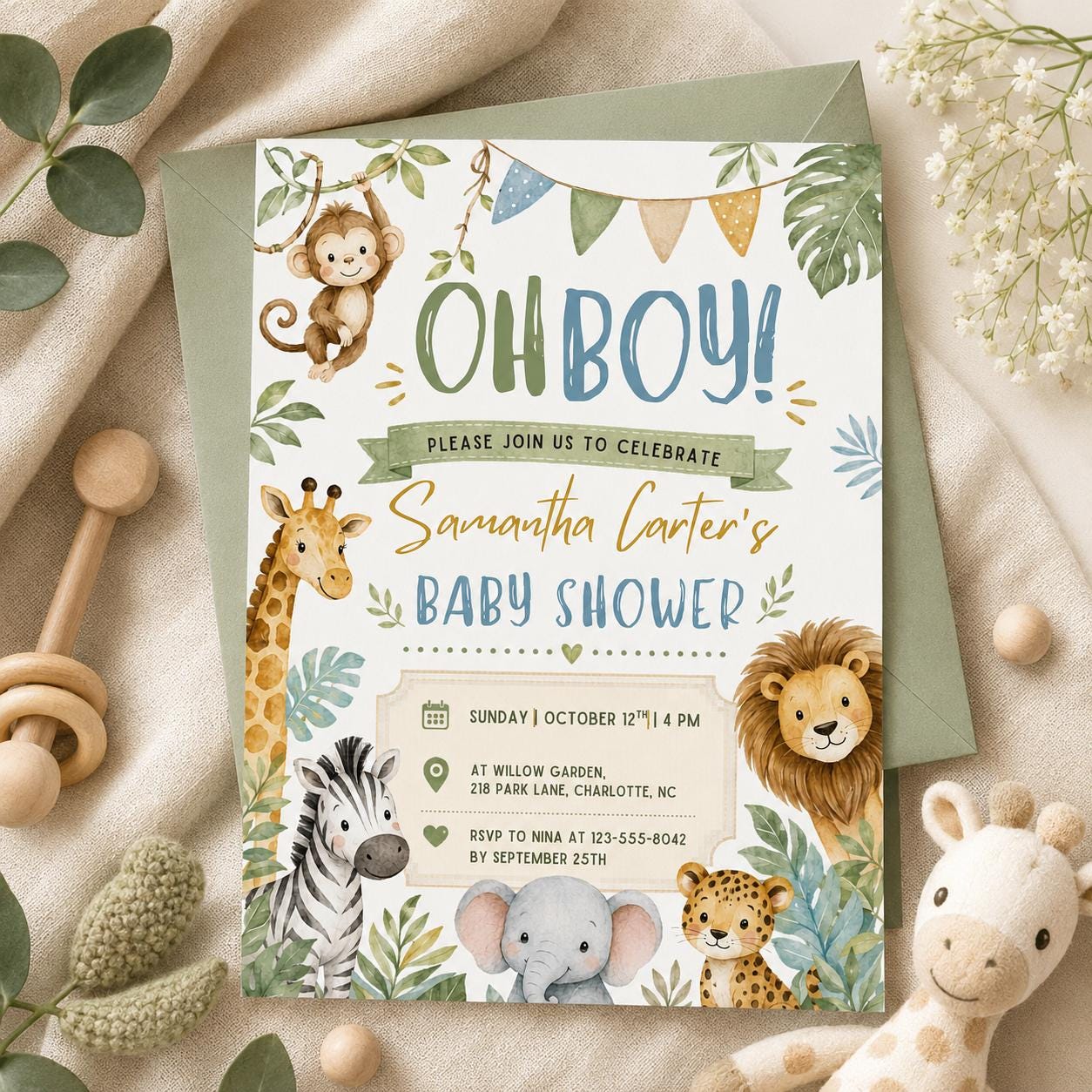 Safari Baby Shower Invitation, Oh Boy Safari Baby Shower Invitation, Jungle Animals Boy Baby Shower Invite, Neutral Greenery Canva Template __etsy:8066504093