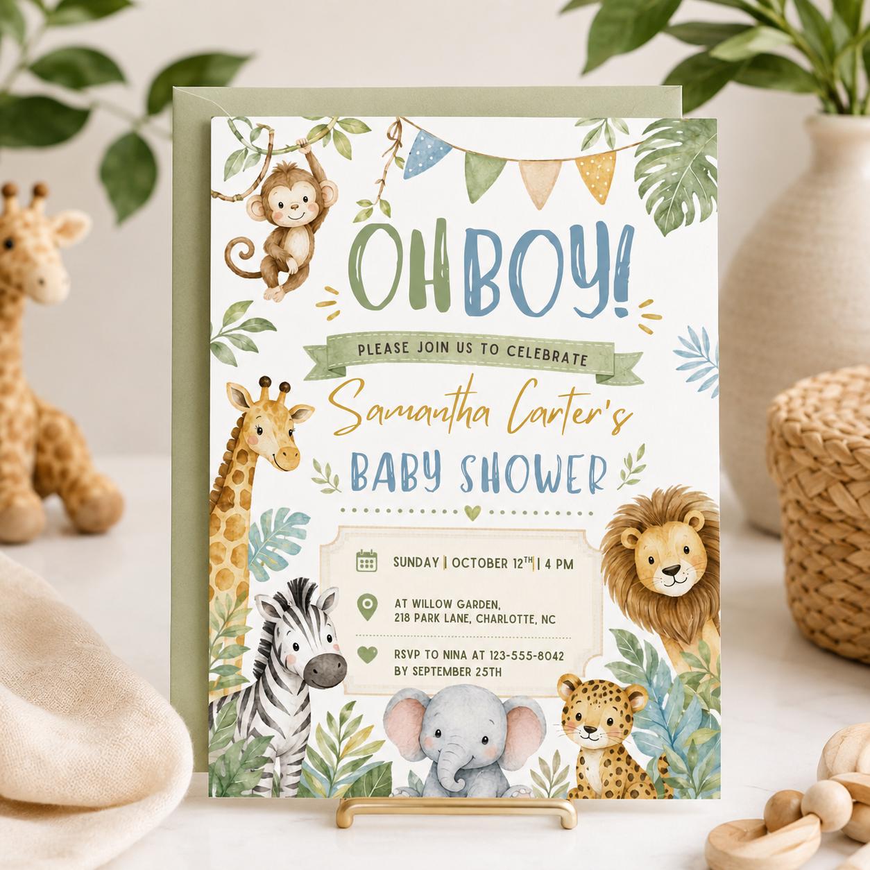 Safari Baby Shower Invitation, Oh Boy Safari Baby Shower Invitation, Jungle Animals Boy Baby Shower Invite, Neutral Greenery Canva Template __etsy:8066504021