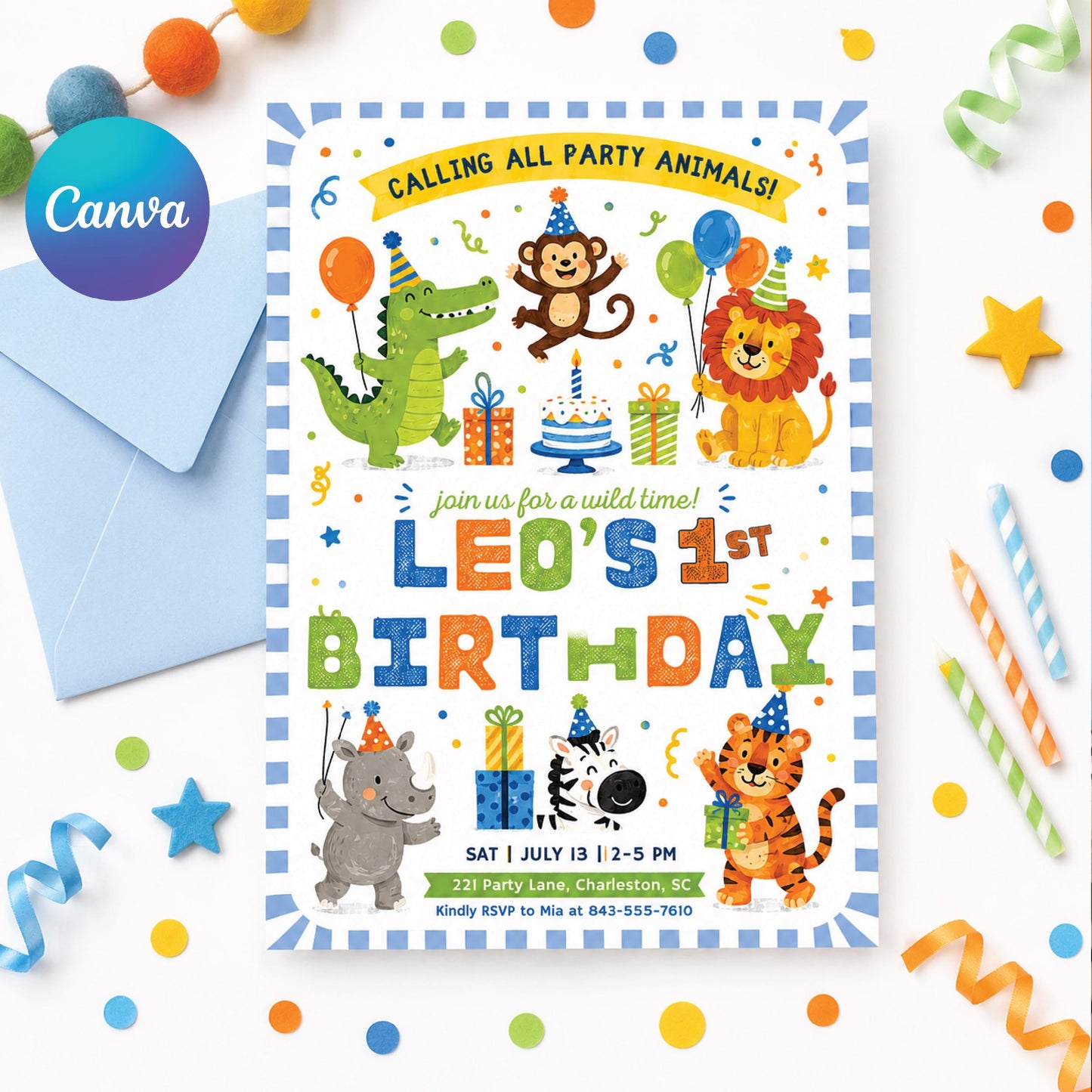 Safari First Birthday Evite, Wild One Birthday, 1st Birthday Digital Invite, Jungle First Birthday Evite, Jungle Animals Party, Canva __etsy:8019144724