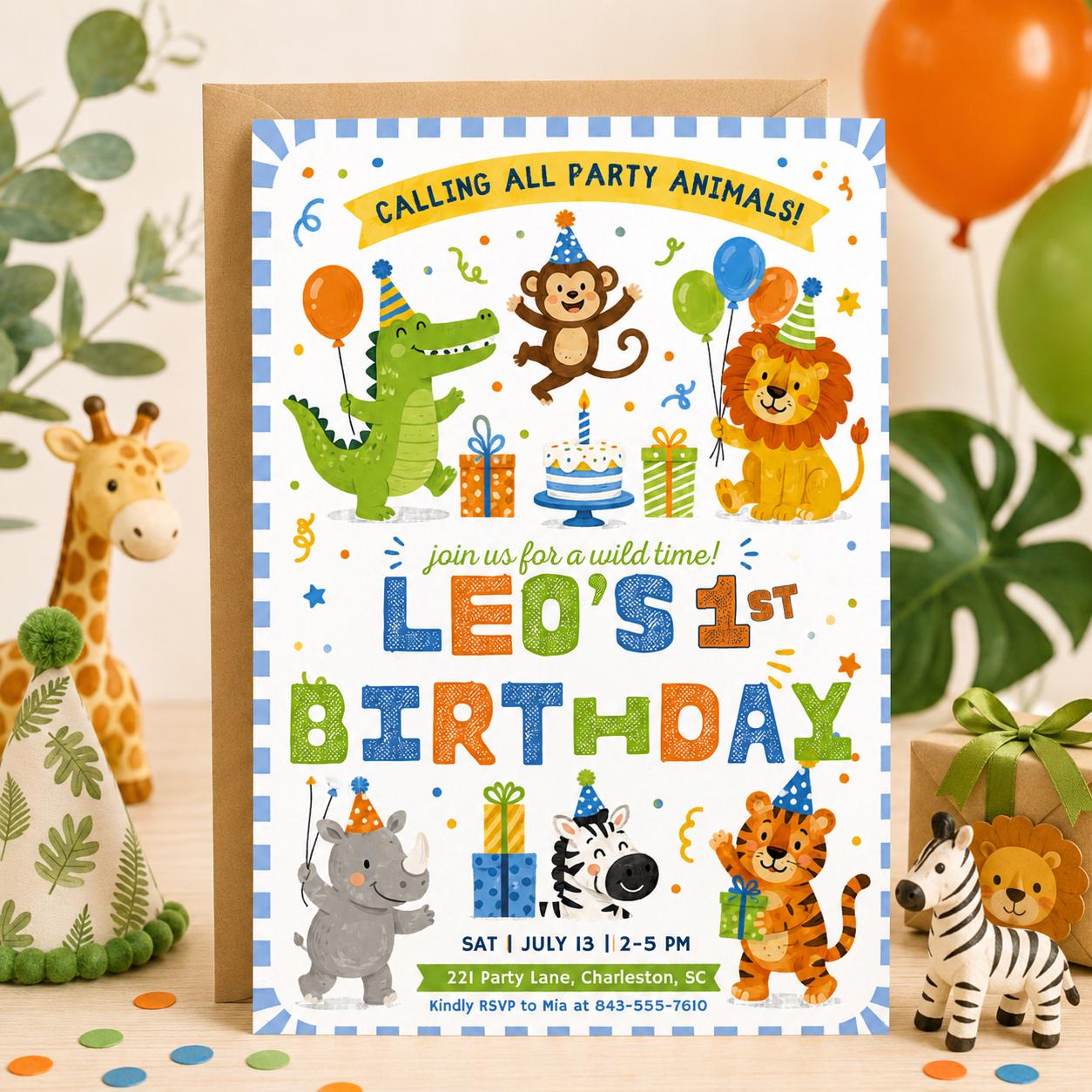Safari First Birthday Evite, Wild One Birthday, 1st Birthday Digital Invite, Jungle First Birthday Evite, Jungle Animals Party, Canva __etsy:8019140694