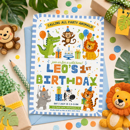 Safari First Birthday Evite, Wild One Birthday, 1st Birthday Digital Invite, Jungle First Birthday Evite, Jungle Animals Party, Canva __etsy:8019141044