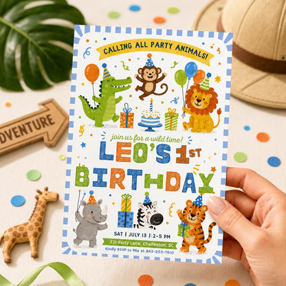 Safari First Birthday Evite, Wild One Birthday, 1st Birthday Digital Invite, Jungle First Birthday Evite, Jungle Animals Party, Canva __etsy:8067059015