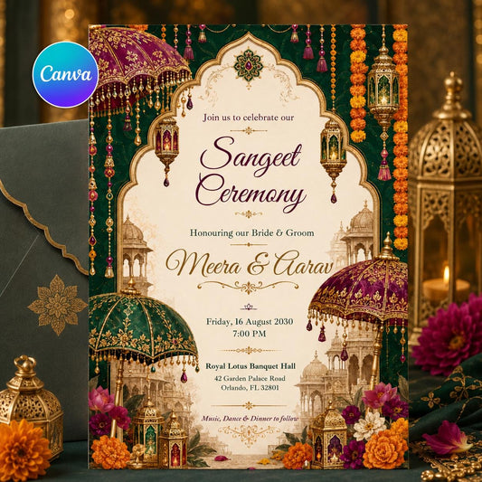 Sangeet Ceremony Invitation, Indian Sangeet Invitation, Mehndi Indian Sangeet Wedding, Mehndi Sangeet Ceremony Party, Canva Template __etsy:8053899540