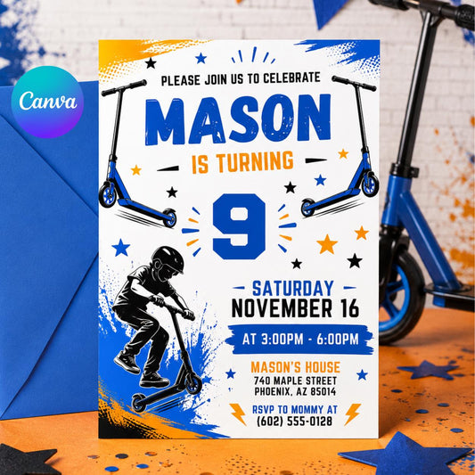 Scooter Birthday Invitation,Scooter Invitation,Scoot On Over,Scooter Birthday Party,Scooter Birthday, Editable Canva Template __etsy:8007251462