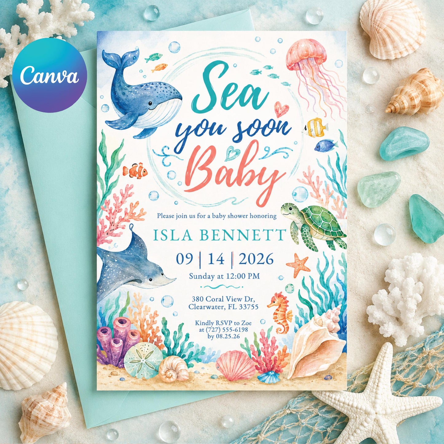 Sea You Soon Baby Shower Invite Nautical Baby is on the Way Printable Boy Sea Creature Baby Shower Editable Summer Ocean Party Invitation __etsy:8018589868
