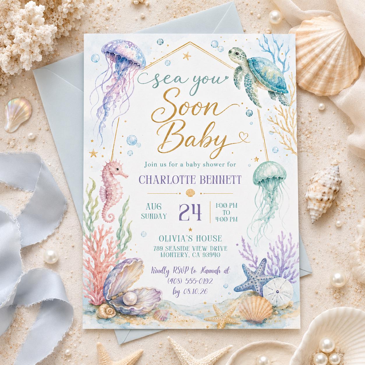 Sea You Soon Baby Shower Invite Nautical Baby is on the Way Printable Boy Sea Creature Baby Shower Editable Summer Ocean Party Invitation __etsy:8007022744