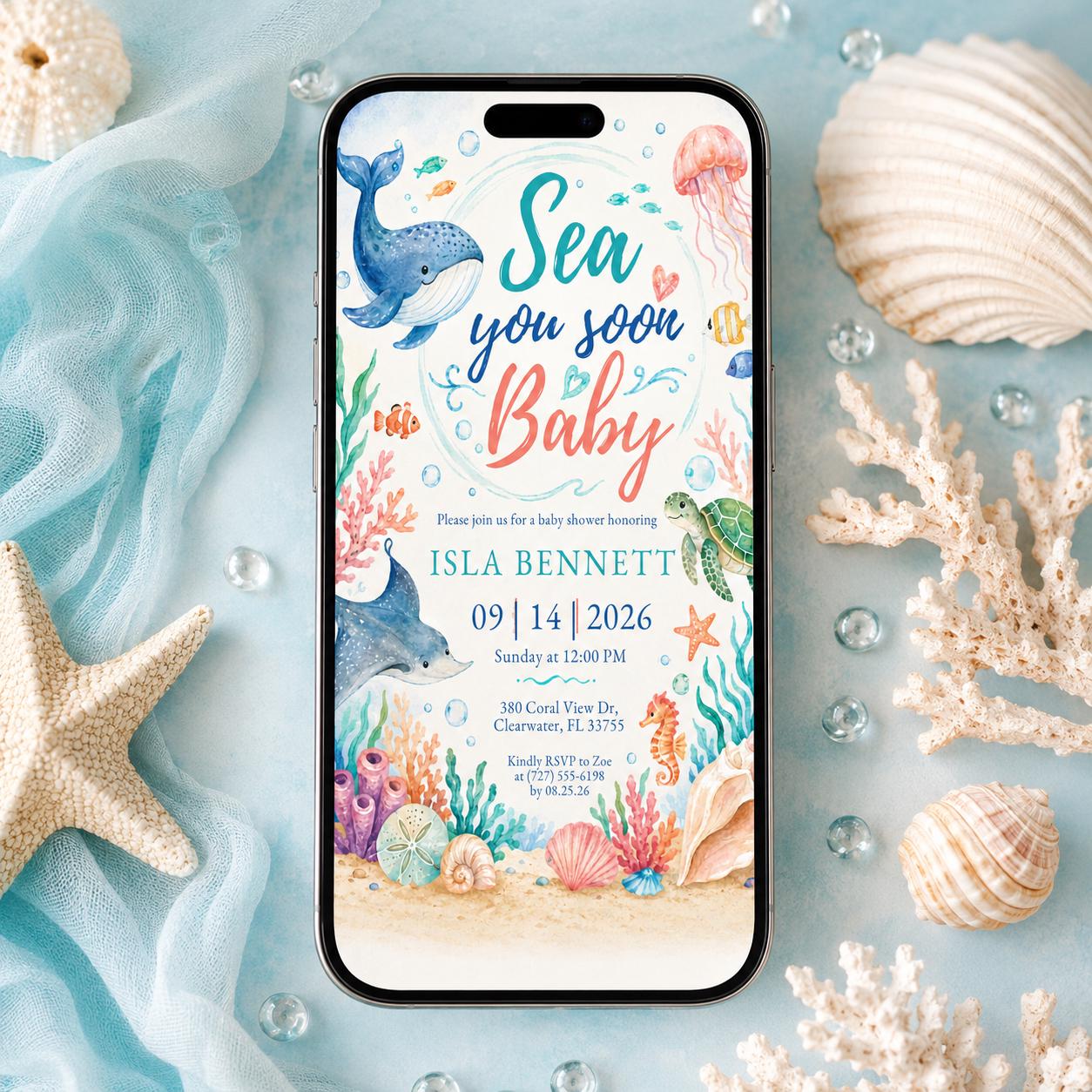 Sea You Soon Baby Shower Invite Nautical Baby is on the Way Printable Boy Sea Creature Baby Shower Editable Summer Ocean Party Invitation __etsy:8018586534