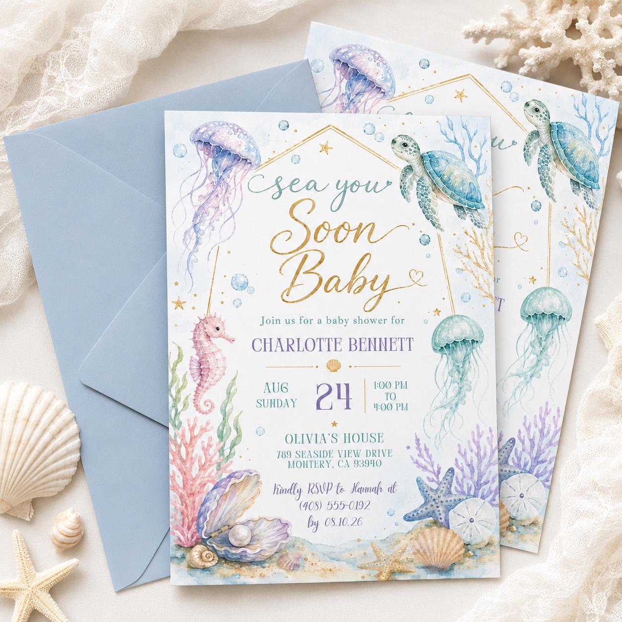 Sea You Soon Baby Shower Invite Nautical Baby is on the Way Printable Boy Sea Creature Baby Shower Editable Summer Ocean Party Invitation __etsy:8054938045