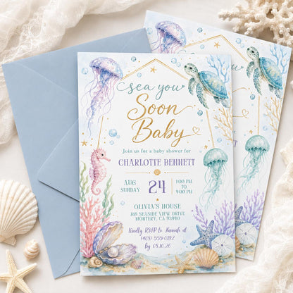 Sea You Soon Baby Shower Invite Nautical Baby is on the Way Printable Boy Sea Creature Baby Shower Editable Summer Ocean Party Invitation __etsy:8054938045