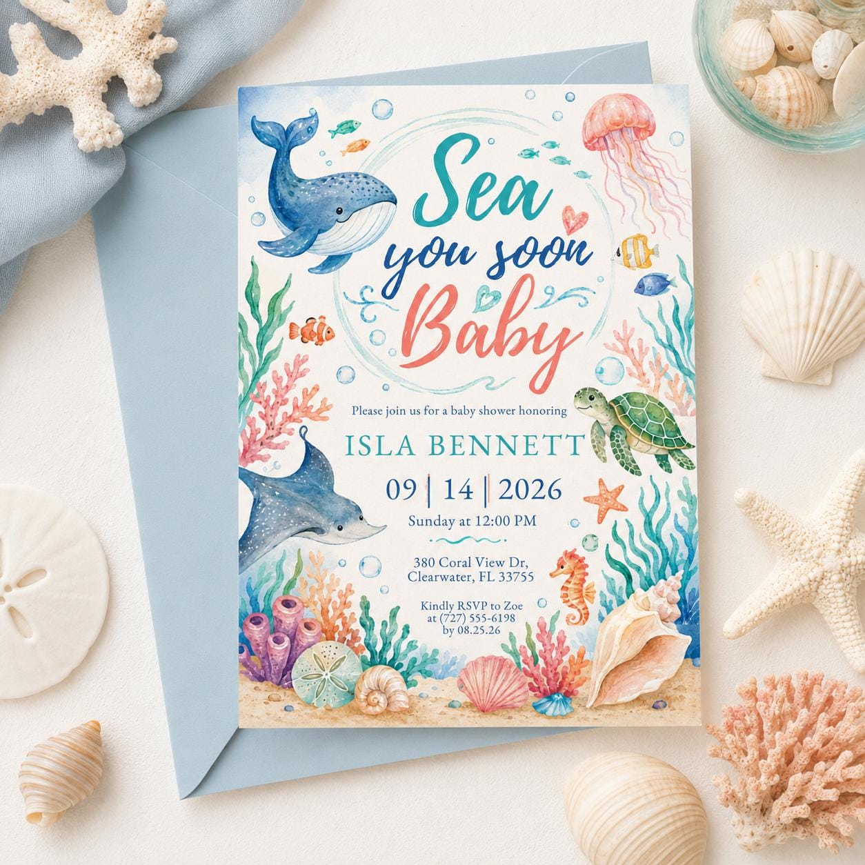 Sea You Soon Baby Shower Invite Nautical Baby is on the Way Printable Boy Sea Creature Baby Shower Editable Summer Ocean Party Invitation __etsy:8066505329