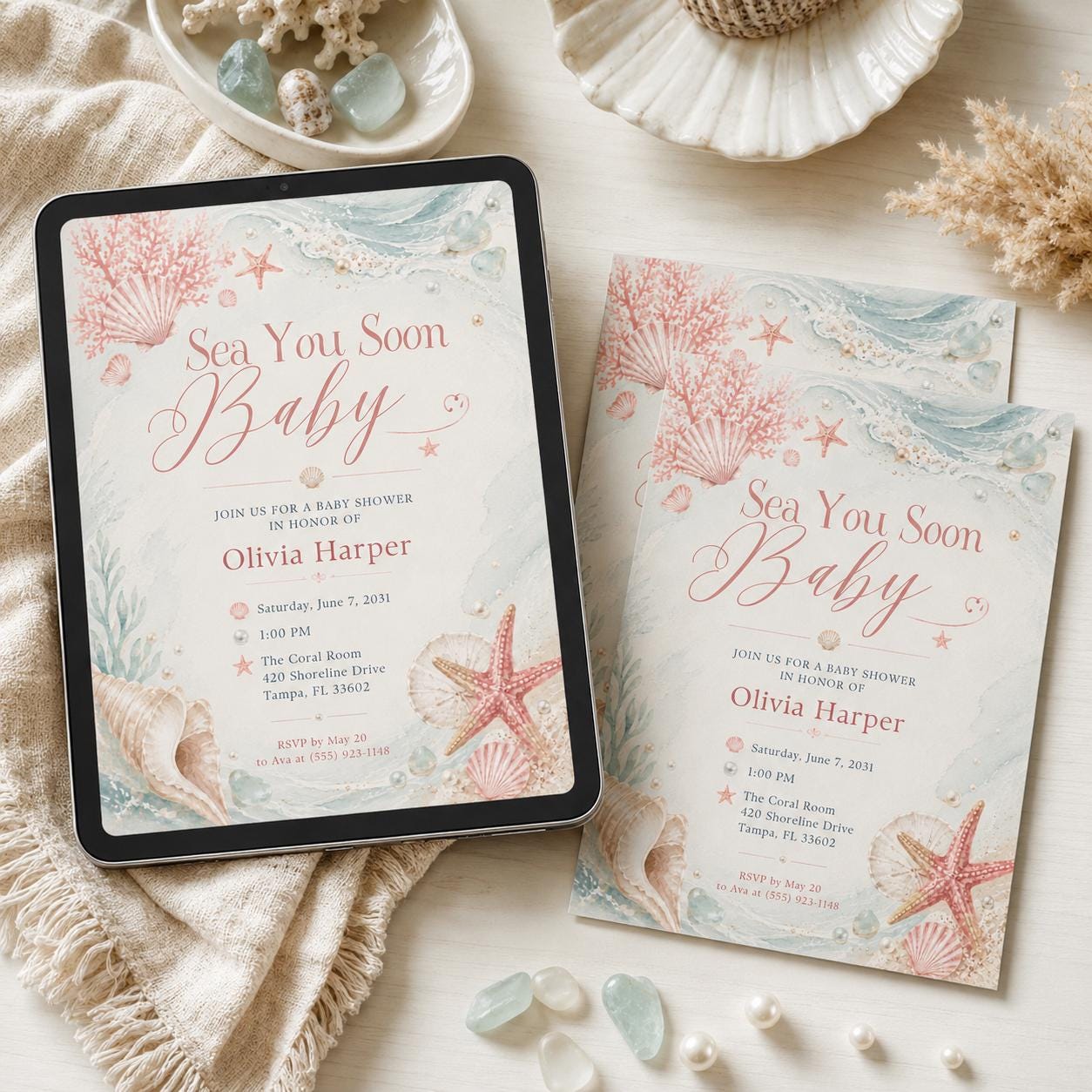 Sea You Soon Baby Shower Invite Nautical Baby is on the Way Printable Boy Sea Creature Baby Shower Editable Summer Ocean Party Invitation __etsy:8057602906