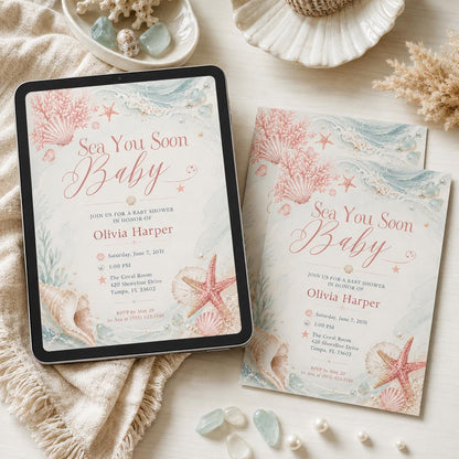 Sea You Soon Baby Shower Invite Nautical Baby is on the Way Printable Boy Sea Creature Baby Shower Editable Summer Ocean Party Invitation __etsy:8057602906