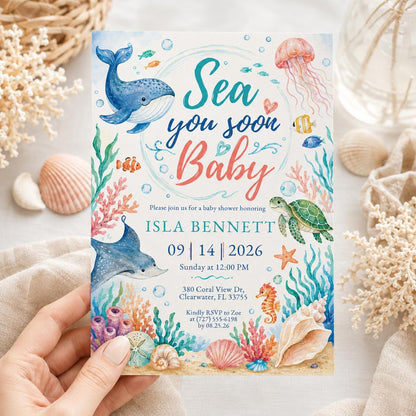 Sea You Soon Baby Shower Invite Nautical Baby is on the Way Printable Boy Sea Creature Baby Shower Editable Summer Ocean Party Invitation __etsy:8018586524