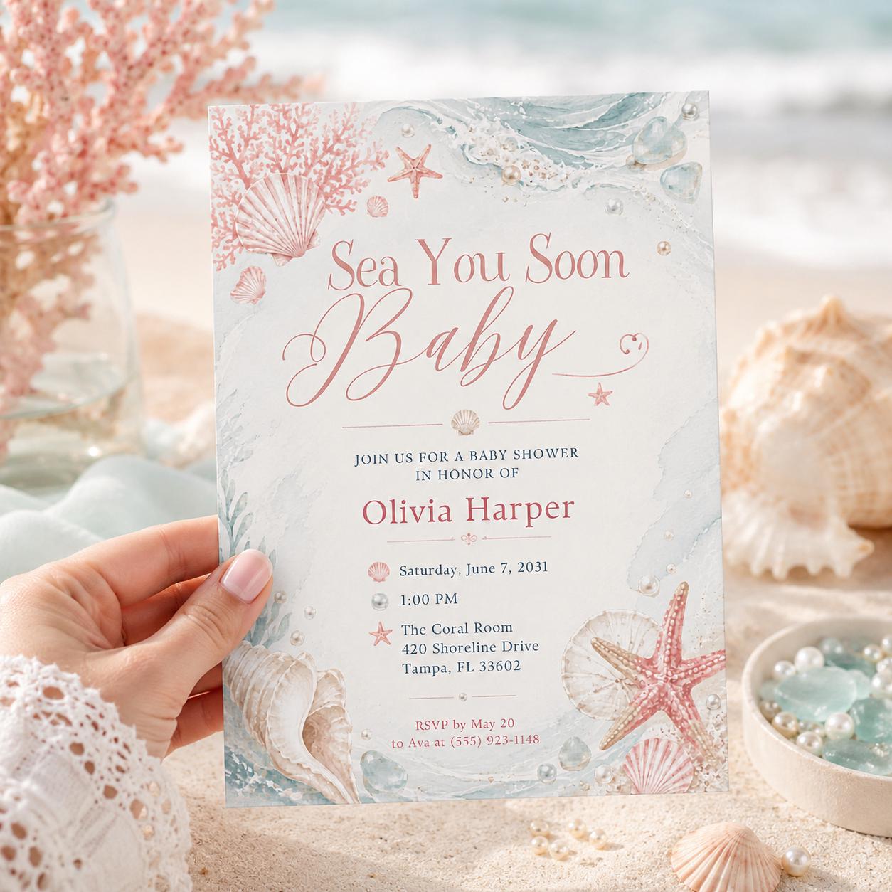 Sea You Soon Baby Shower Invite Nautical Baby is on the Way Printable Boy Sea Creature Baby Shower Editable Summer Ocean Party Invitation __etsy:8105514457