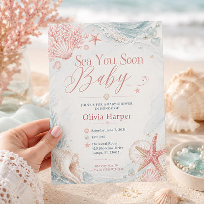 Sea You Soon Baby Shower Invite Nautical Baby is on the Way Printable Boy Sea Creature Baby Shower Editable Summer Ocean Party Invitation __etsy:8105514457