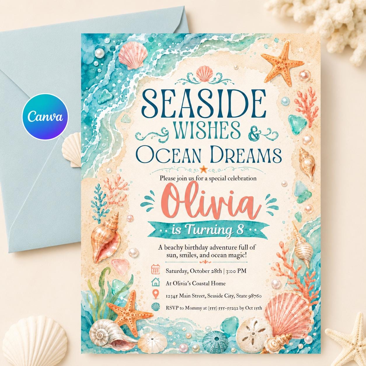 Seashell Birthday Invitation, Beach Birthday Invitation, Shore Sea Invitation, Blue Ocean Theme Party, Summer Sea Theme Party Invite, Canva __etsy:8053443344