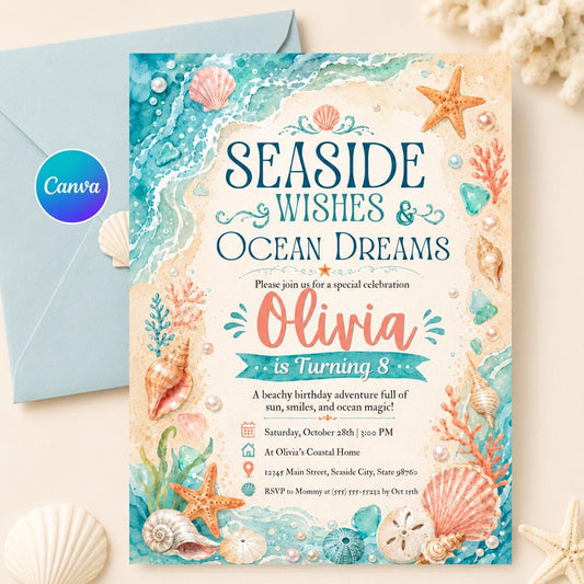 Seashell Birthday Invitation, Beach Birthday Invitation, Shore Sea Invitation, Blue Ocean Theme Party, Summer Sea Theme Party Invite, Canva __etsy:8053443344