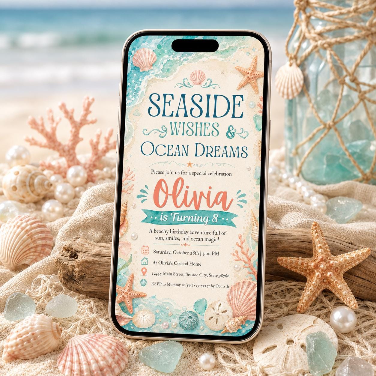 Seashell Birthday Invitation, Beach Birthday Invitation, Shore Sea Invitation, Blue Ocean Theme Party, Summer Sea Theme Party Invite, Canva __etsy:8101358757