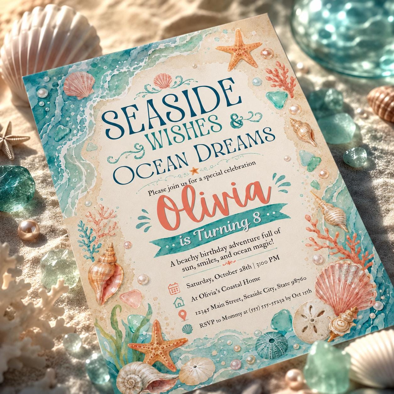 Seashell Birthday Invitation, Beach Birthday Invitation, Shore Sea Invitation, Blue Ocean Theme Party, Summer Sea Theme Party Invite, Canva __etsy:8101358795