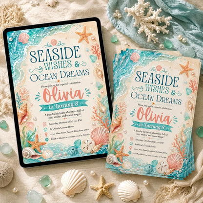Seashell Birthday Invitation, Beach Birthday Invitation, Shore Sea Invitation, Blue Ocean Theme Party, Summer Sea Theme Party Invite, Canva __etsy:8101358835