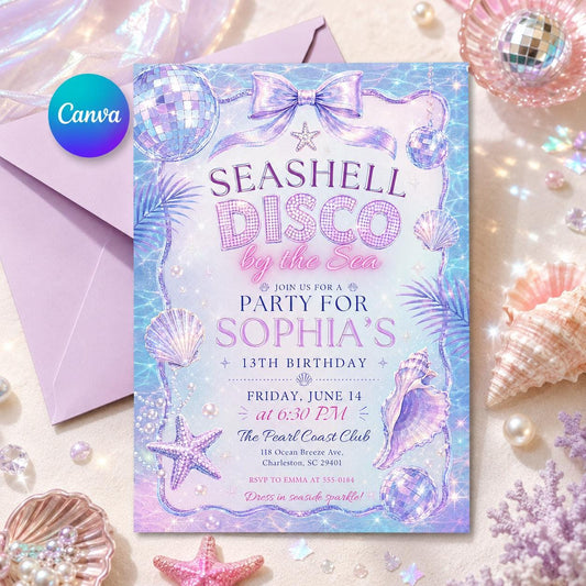 Seashell Disco Birthday Invitation, Disco Party Invitation, Seashell  Birthday Invitation, Editable Ocean Theme Party Invite, Canva Template __etsy:8047046954
